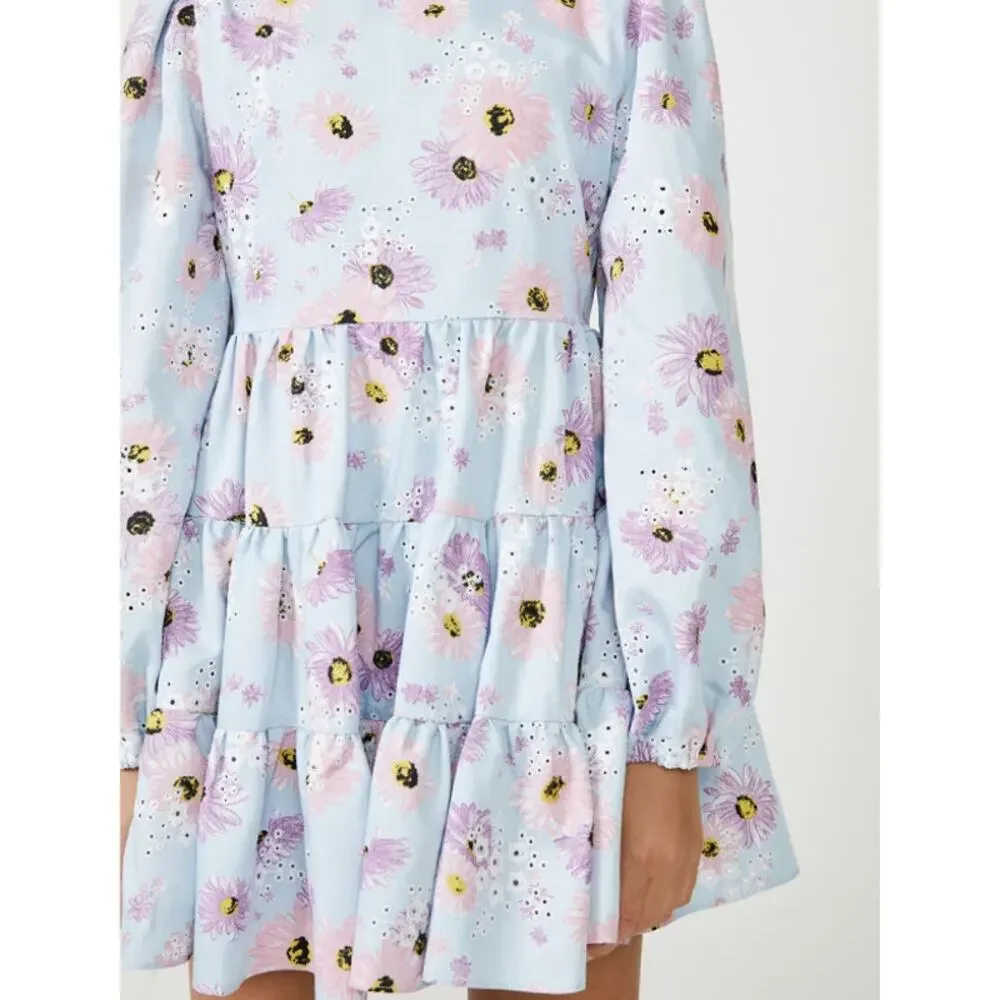 BARDOT Girls Ella Broderie Dress Size 8 Blue Floral Size Long Sleeve NWT